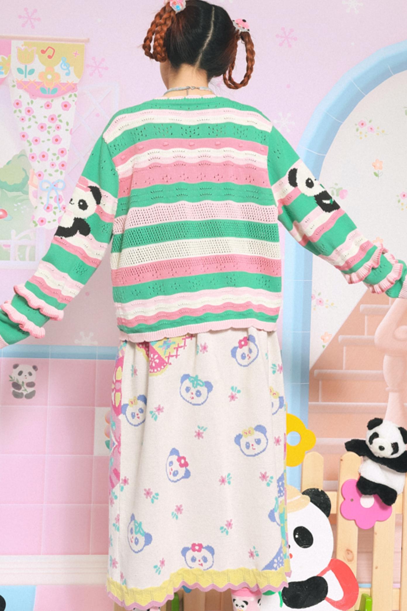 Panda Lace Sleeve Striped Cardigan