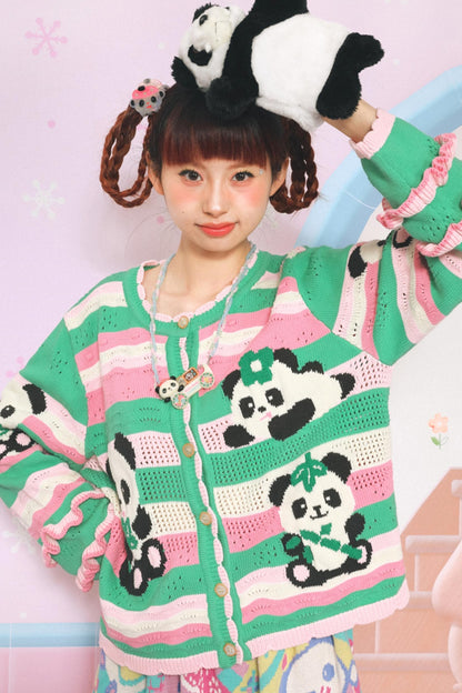 Panda Lace Sleeve Striped Cardigan