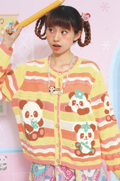 Panda Lace Sleeve Striped Cardigan