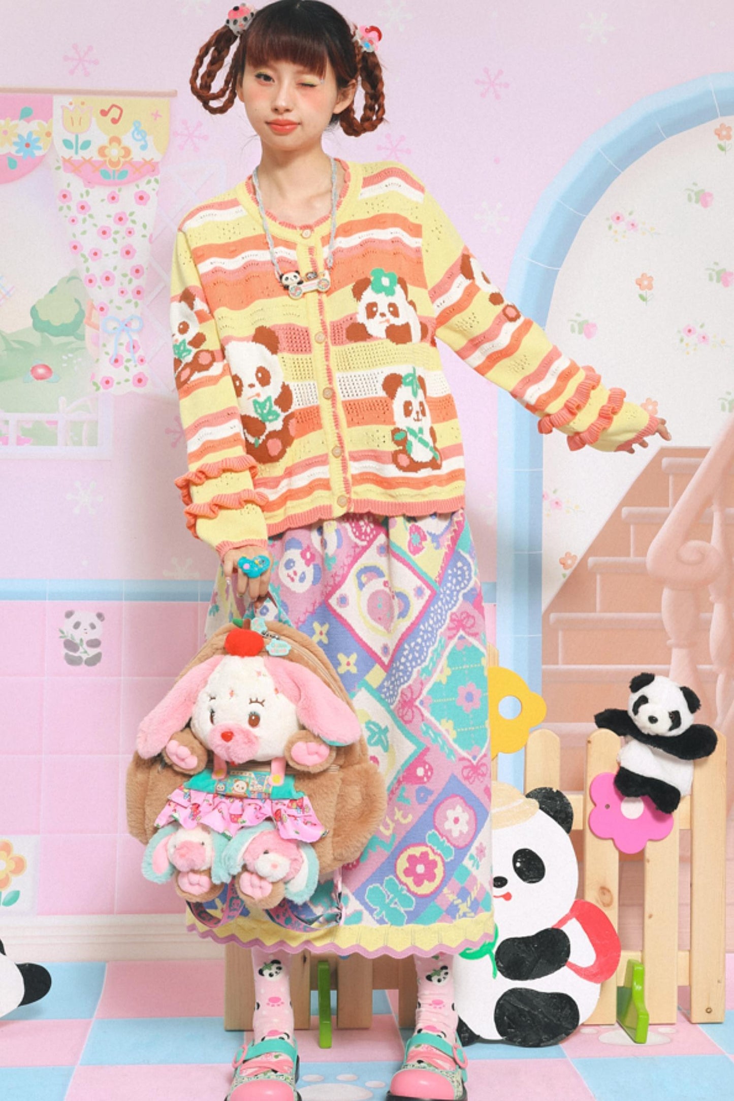 Panda Lace Sleeve Striped Cardigan