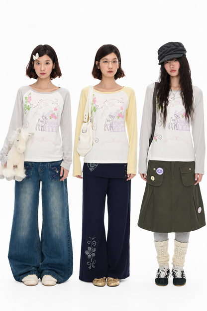 Deer Rose Print Long Sleeve Raglan Tee