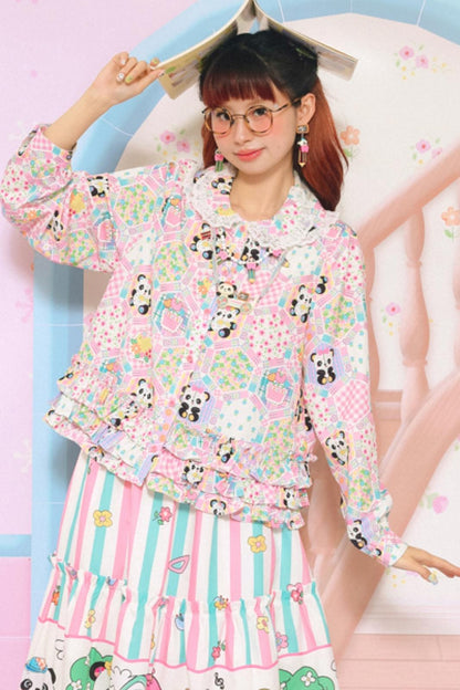 Patchwork Wind Print Sweet Ruffle Shirt