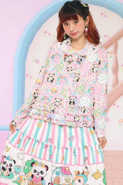 Patchwork Wind Print Sweet Ruffle Shirt