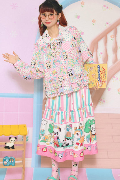 Patchwork Wind Print Sweet Ruffle Shirt