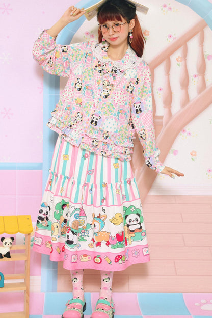 Patchwork Wind Print Sweet Ruffle Shirt