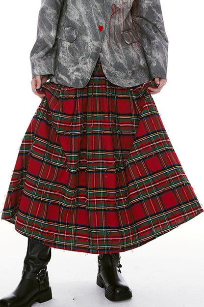 Detchable Rock-Style Red Plaid Swing Skirt