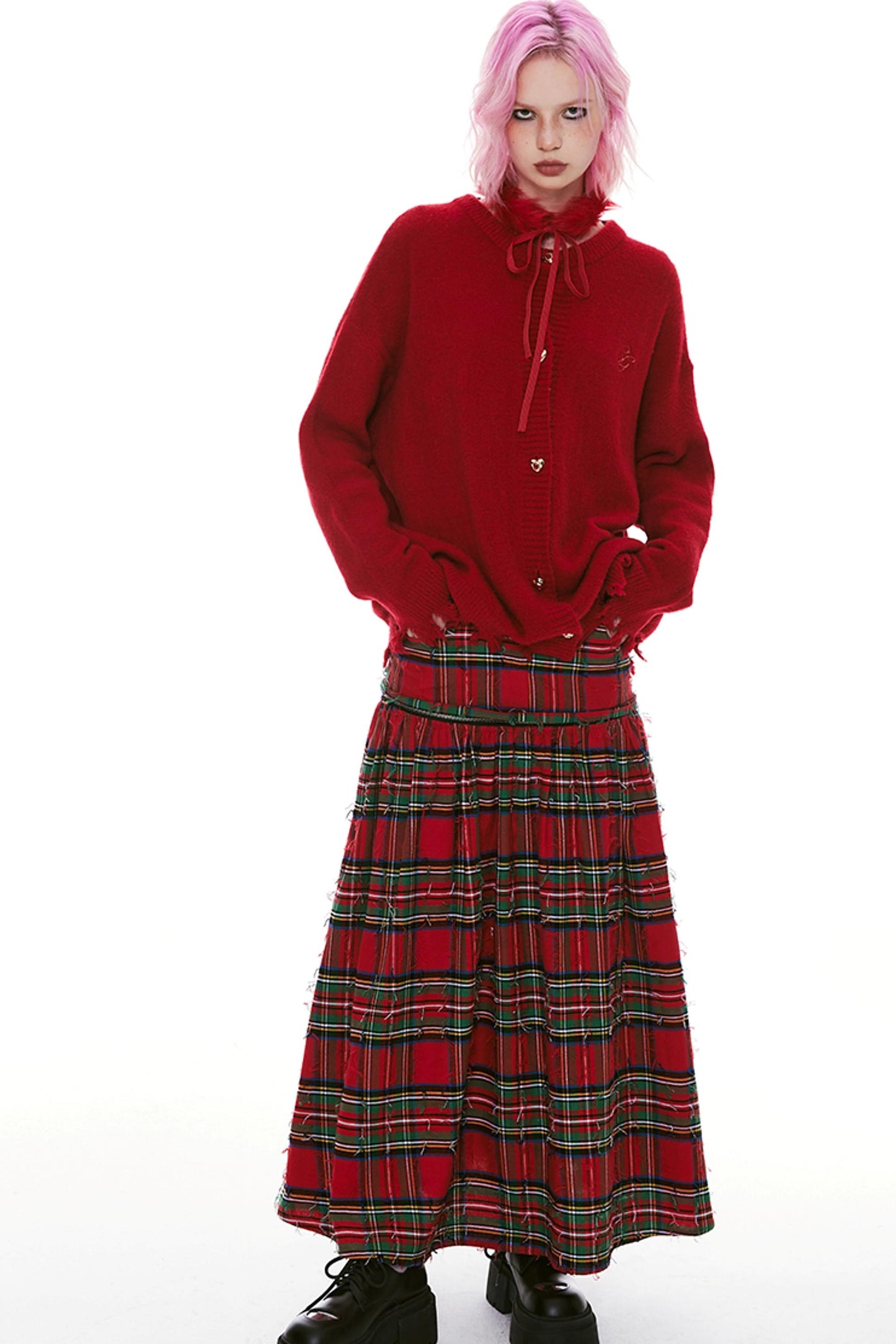 Detchable Rock-Style Red Plaid Swing Skirt