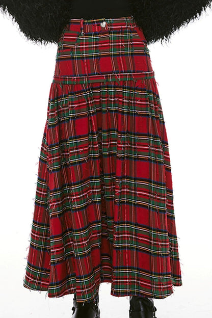 Detchable Rock-Style Red Plaid Swing Skirt