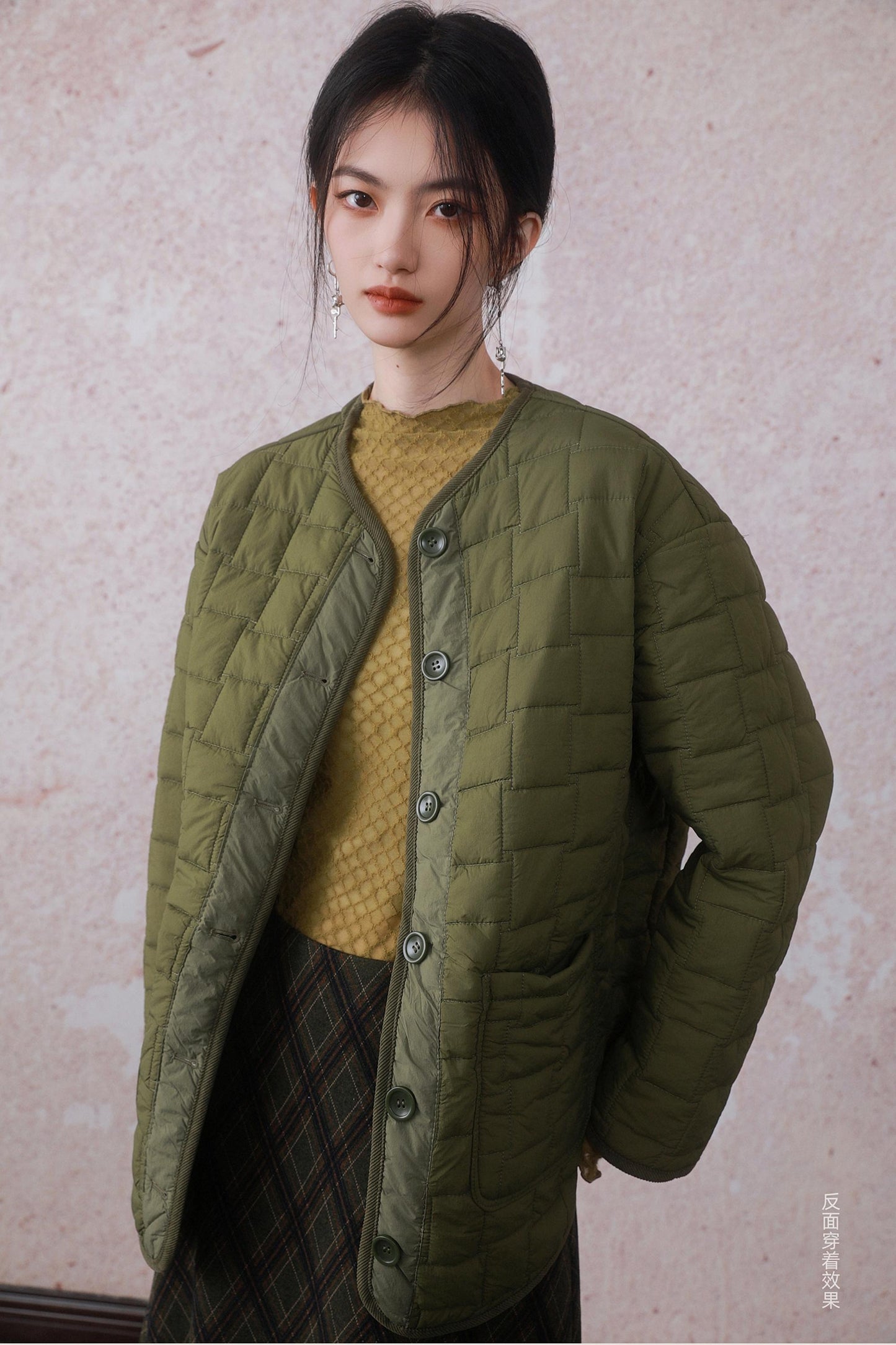 Round Neck Two Way Quilted Cotton Coat