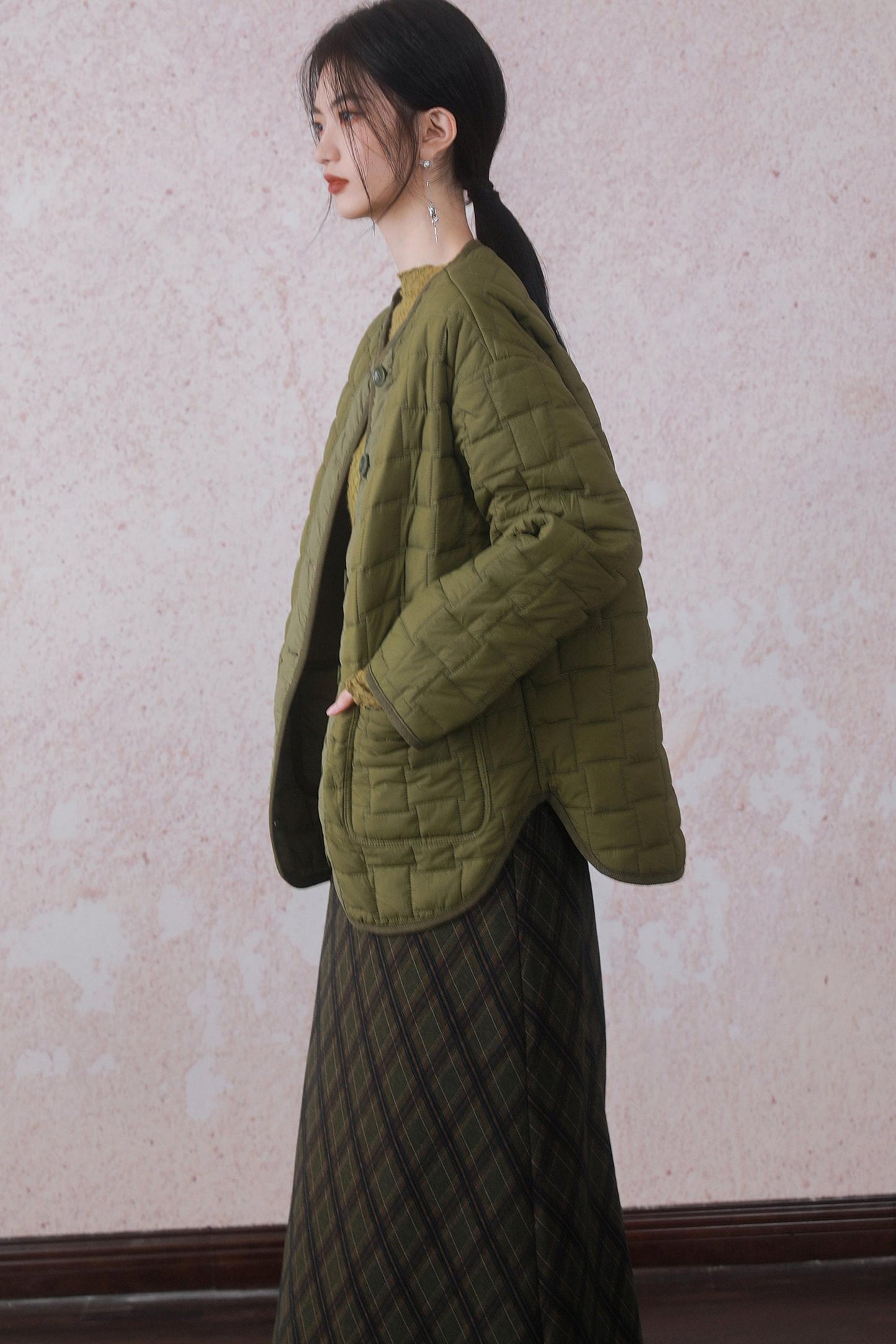 Round Neck Two Way Quilted Cotton Coat