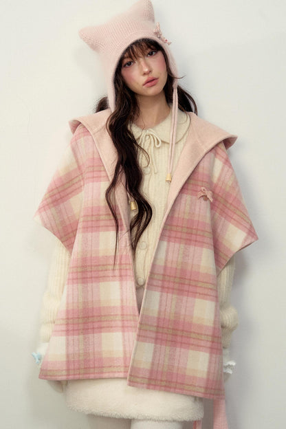 Reversible Wool Checkered Shawl Coat