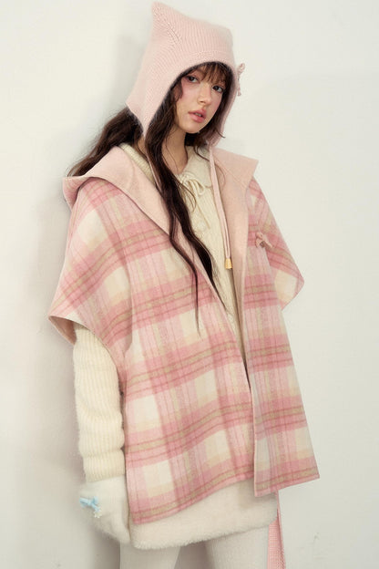 Reversible Wool Checkered Shawl Coat