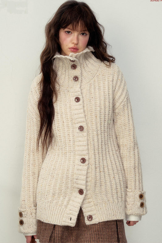 Ribbed Knitted Stand Collar Sweater