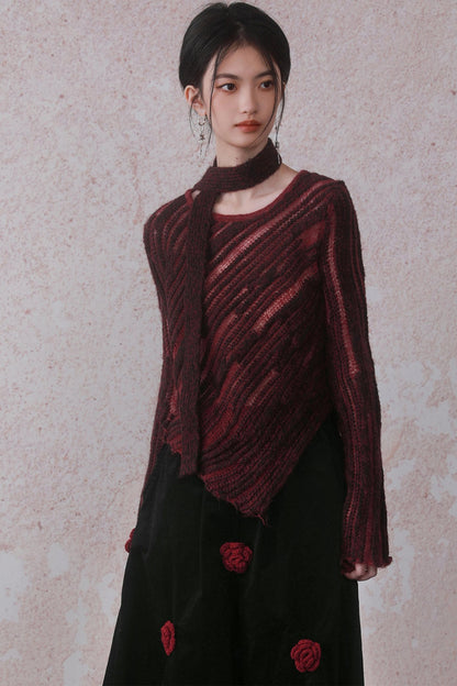 Rock Red Tie-Dye Lace-Up Knitted Top