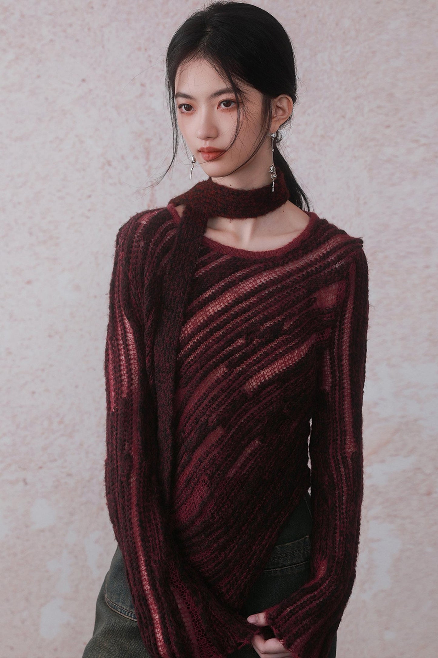 Rock Red Tie-Dye Lace-Up Knitted Top