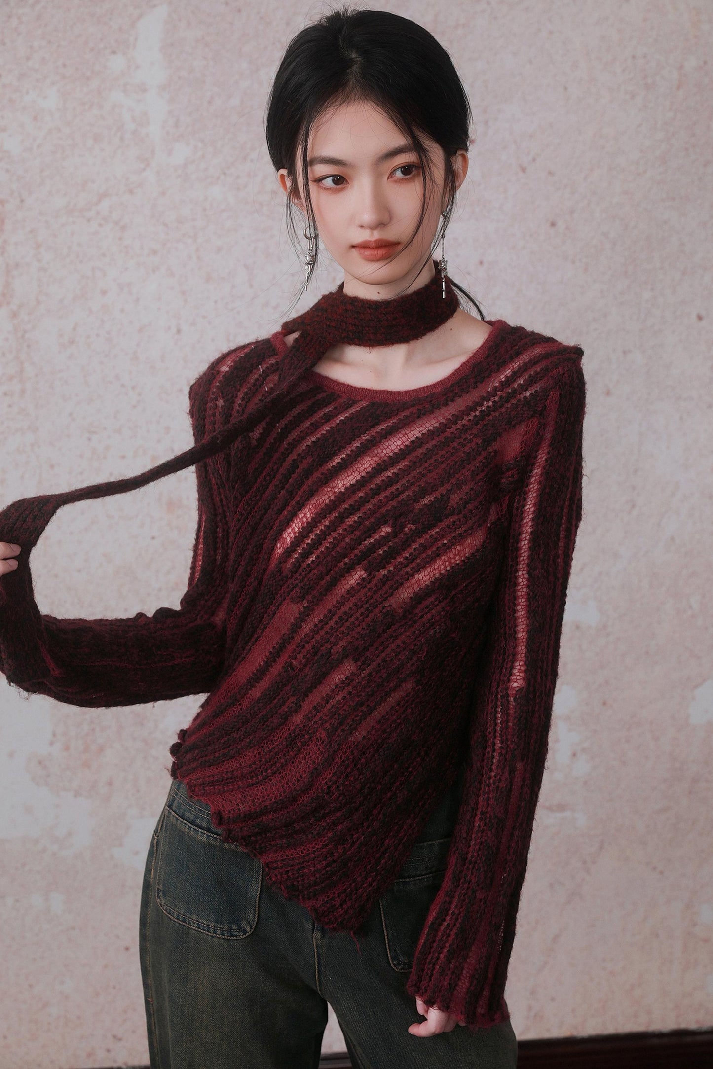 Rock Red Tie-Dye Lace-Up Knitted Top