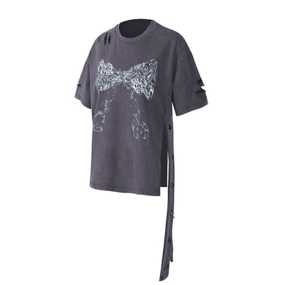 Ribbon print side cut damaged design T-shirt