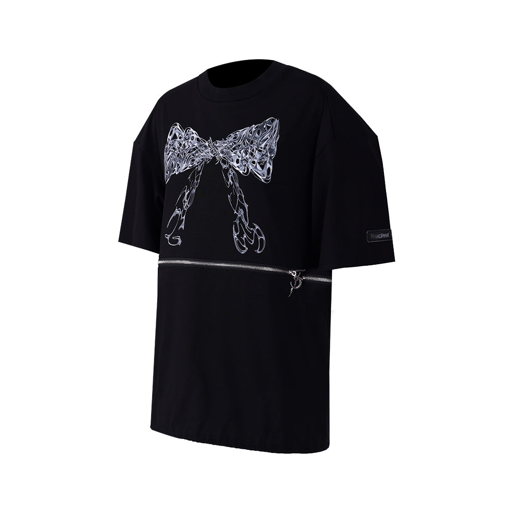 2-way Center Zip Ribbon Print T-Shirt