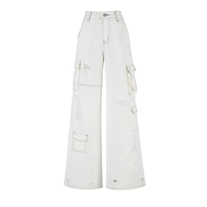 White Work Design Wide Denim Pants