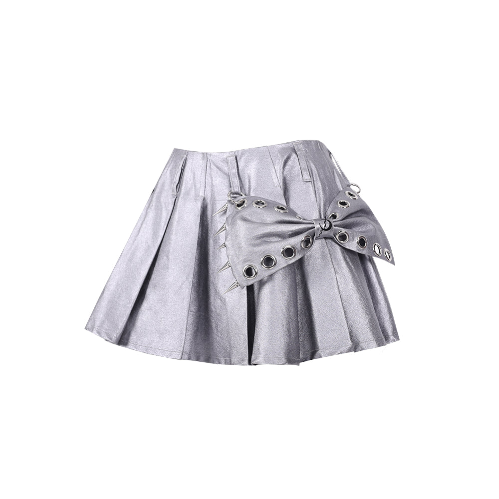 Ribbon Point Metallic Silver Pleated Skirt