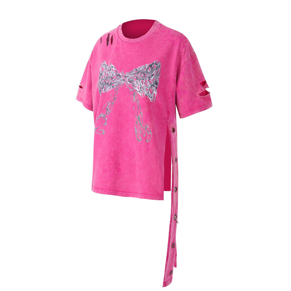 Ribbon print side cut damaged design T-shirt