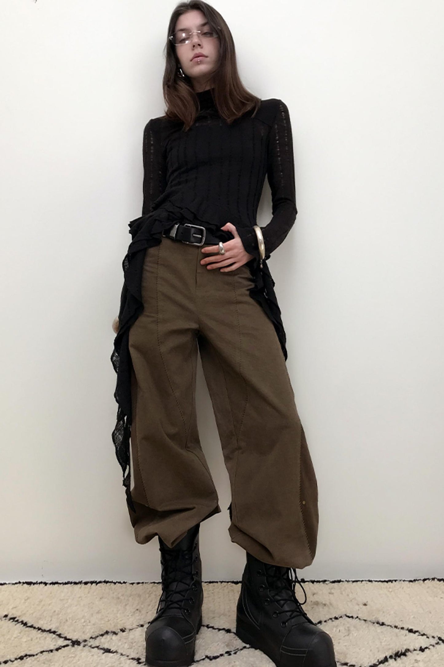 Contrast Cotton Wide-Leg Denim Pants