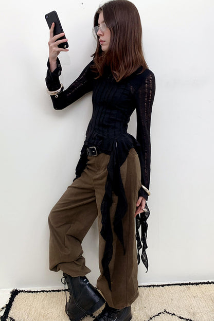 Contrast Cotton Wide-Leg Denim Pants