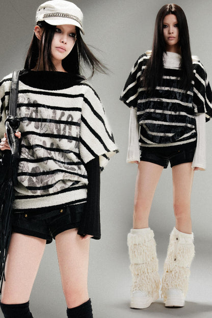 Striped Bat-Sleeve Loose Knit Top