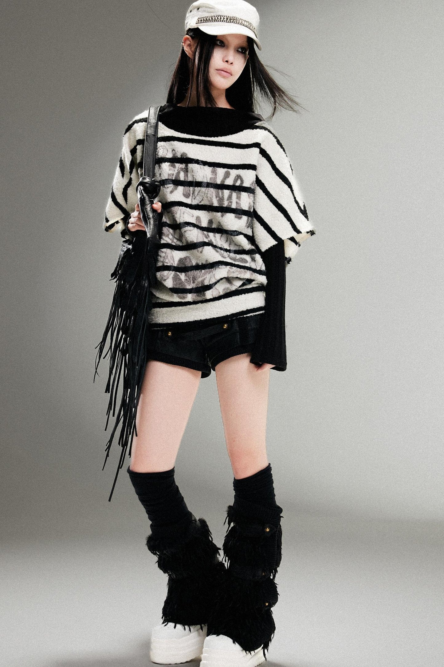 Striped Bat-Sleeve Loose Knit Top