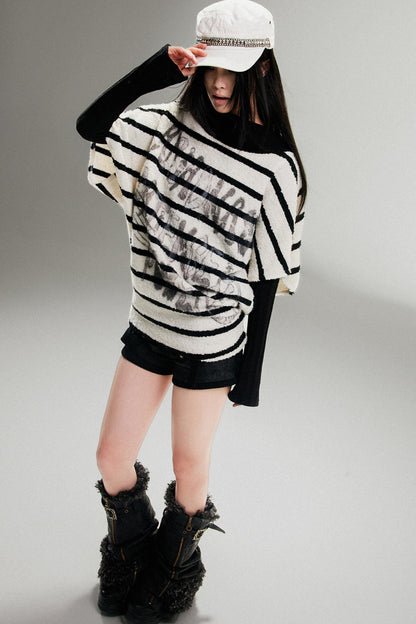 Striped Bat-Sleeve Loose Knit Top