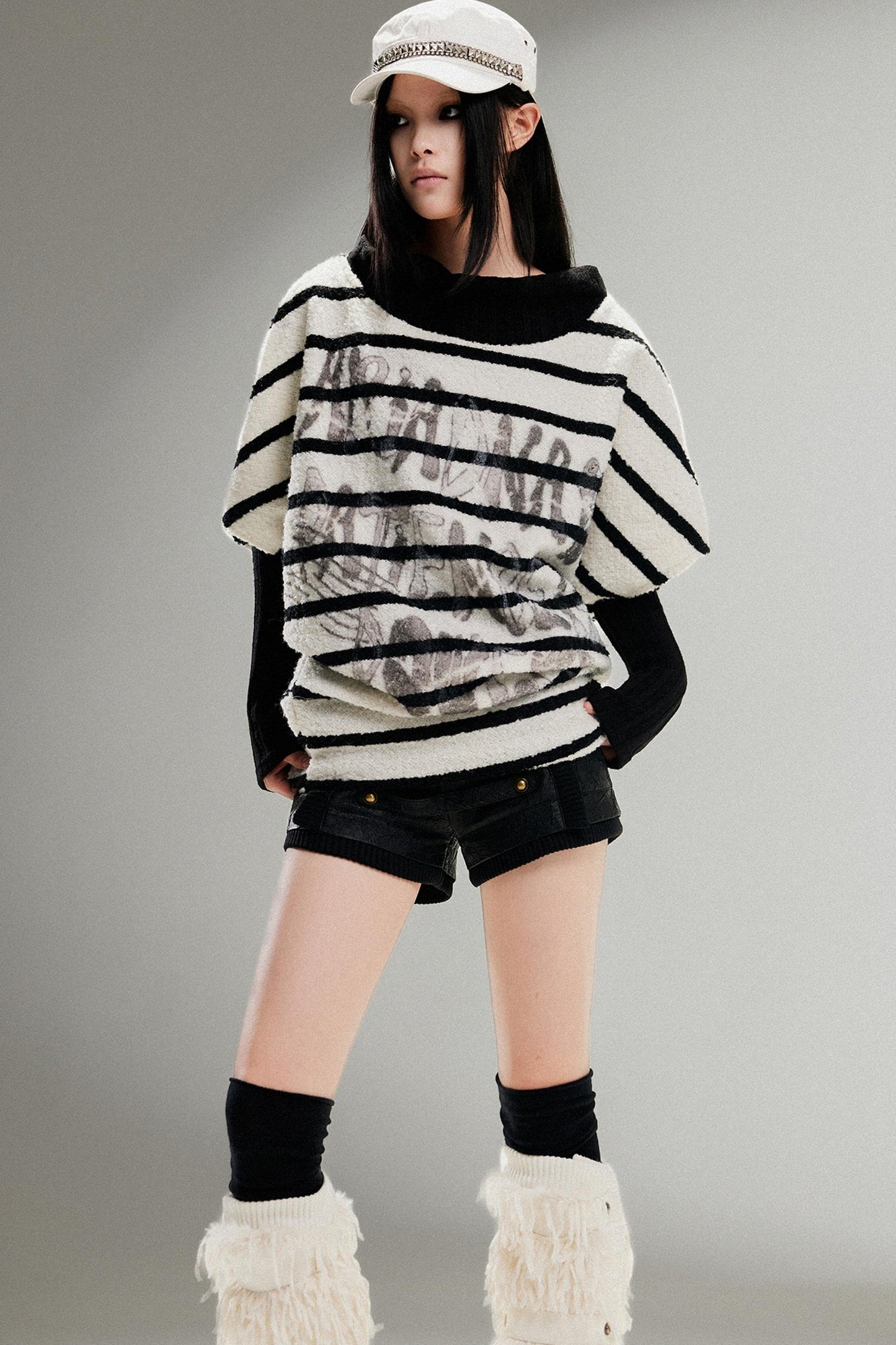 Striped Bat-Sleeve Loose Knit Top