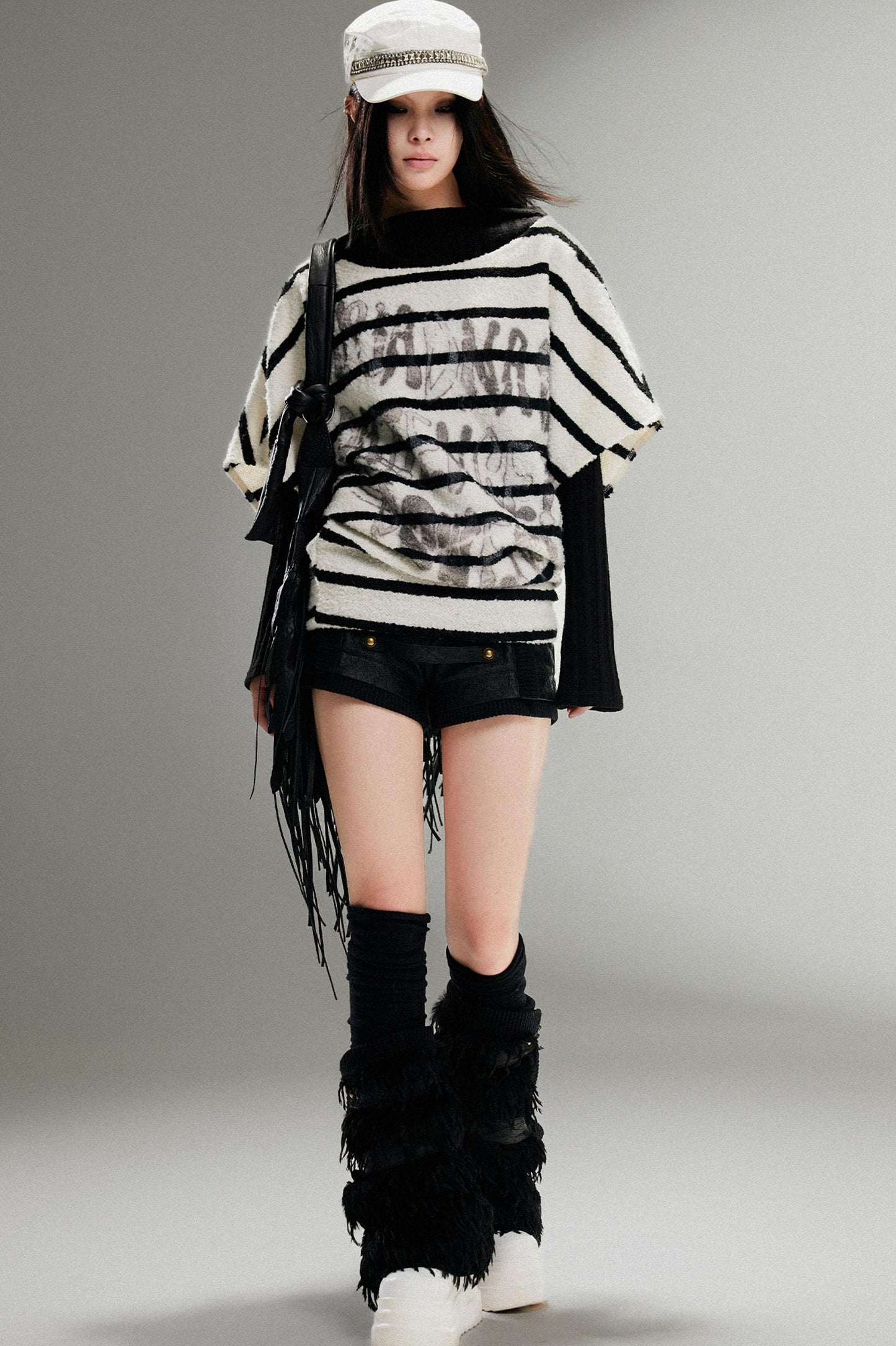 Striped Bat-Sleeve Loose Knit Top