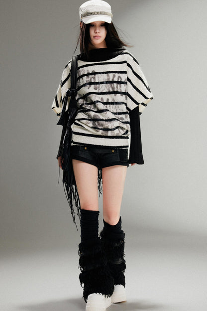 Striped Bat-Sleeve Loose Knit Top