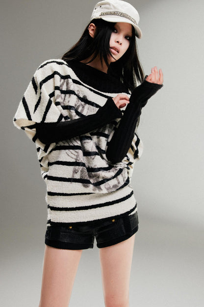 Striped Bat-Sleeve Loose Knit Top