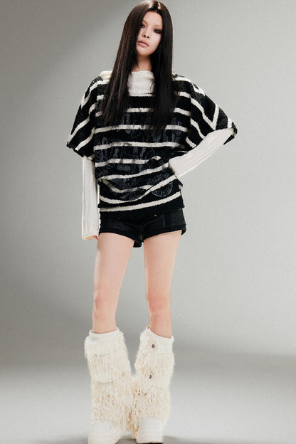 Striped Bat-Sleeve Loose Knit Top