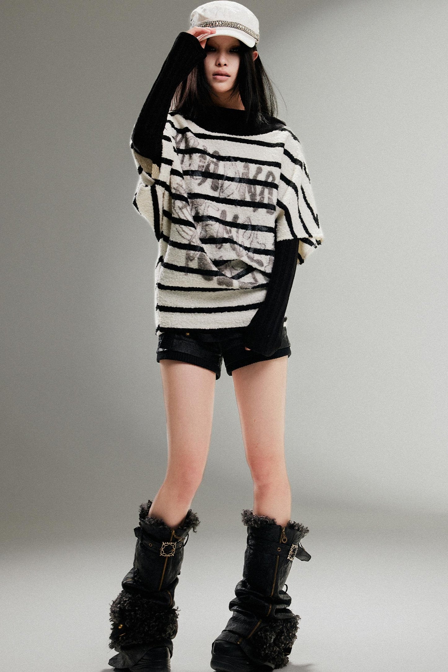 Striped Bat-Sleeve Loose Knit Top