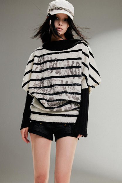 Striped Bat-Sleeve Loose Knit Top