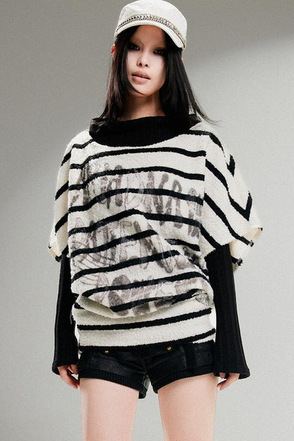 Striped Bat-Sleeve Loose Knit Top