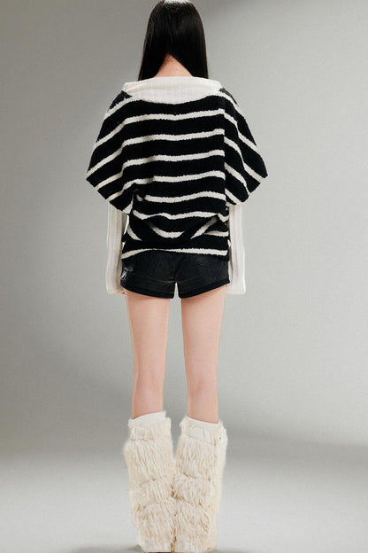 Striped Bat-Sleeve Loose Knit Top