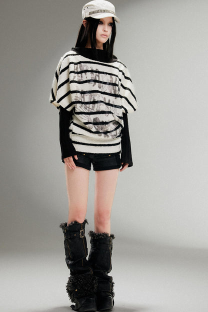 Striped Bat-Sleeve Loose Knit Top