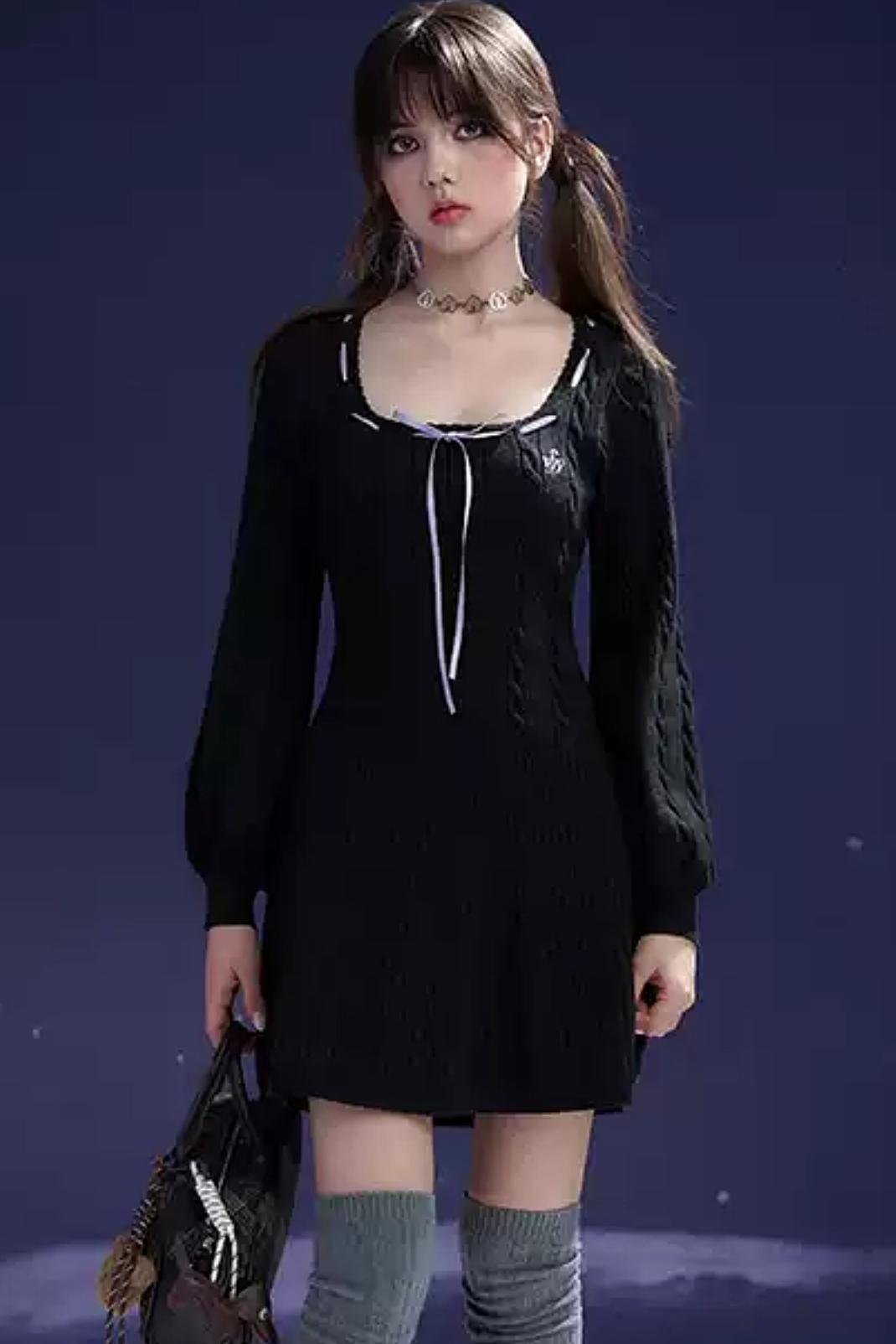 Sweet Black Square Neck Dress