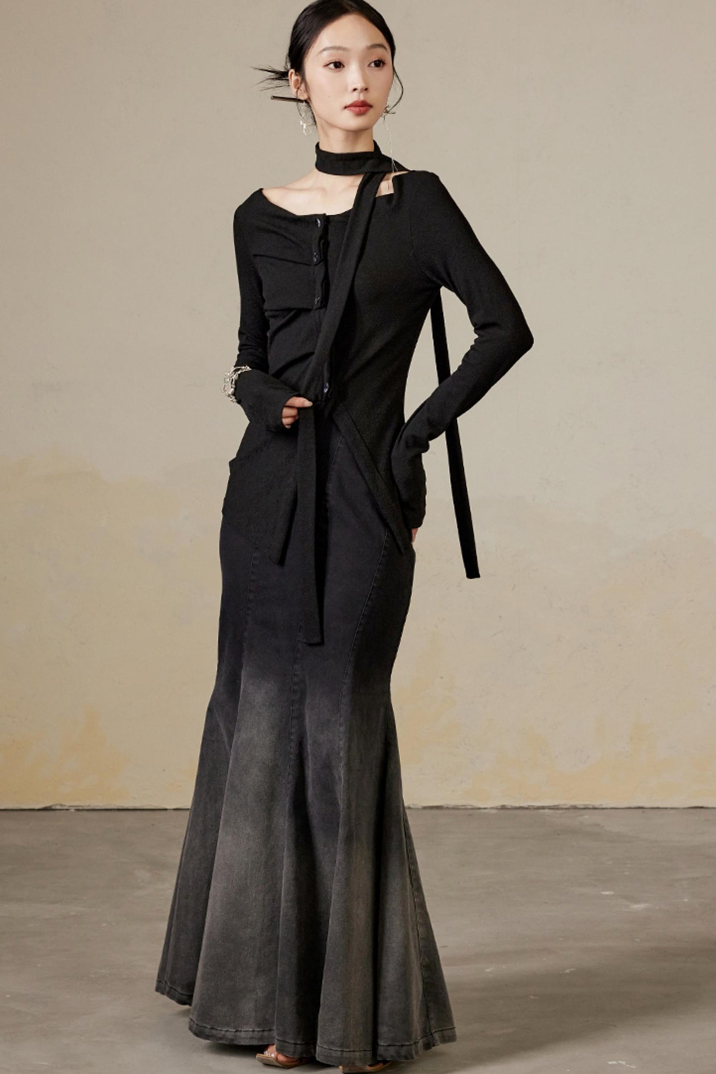 Schwingender Hals Langarm Strickoberteil 