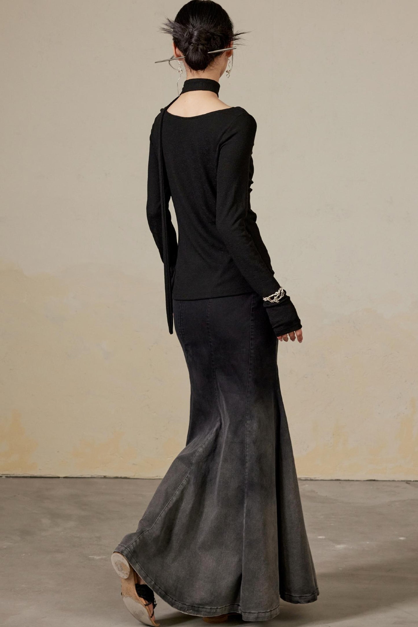 Schwingender Hals Langarm Strickoberteil 