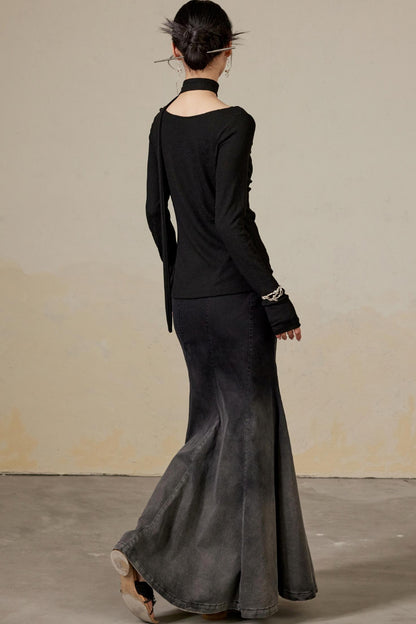 Schwingender Hals Langarm Strickoberteil 