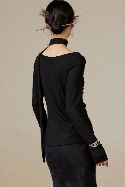 Schwingender Hals Langarm Strickoberteil 