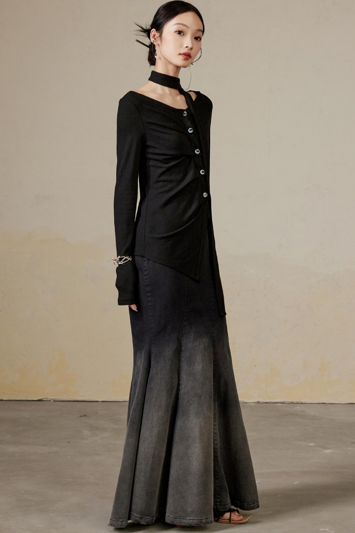 Schwingender Hals Langarm Strickoberteil 