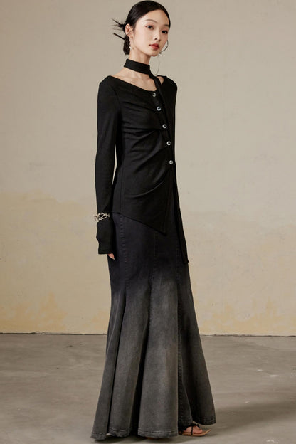 Schwingender Hals Langarm Strickoberteil 