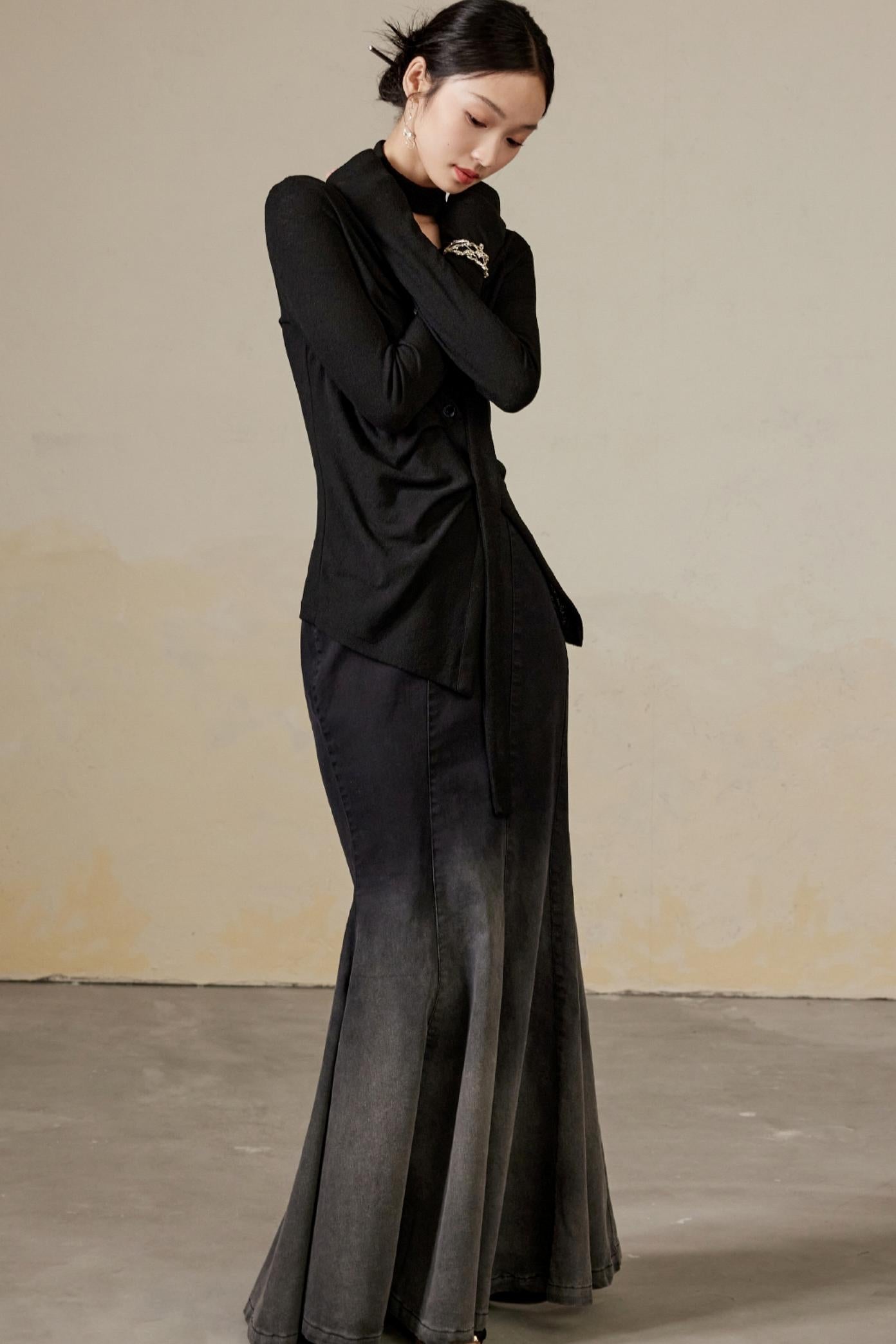 Schwingender Hals Langarm Strickoberteil 