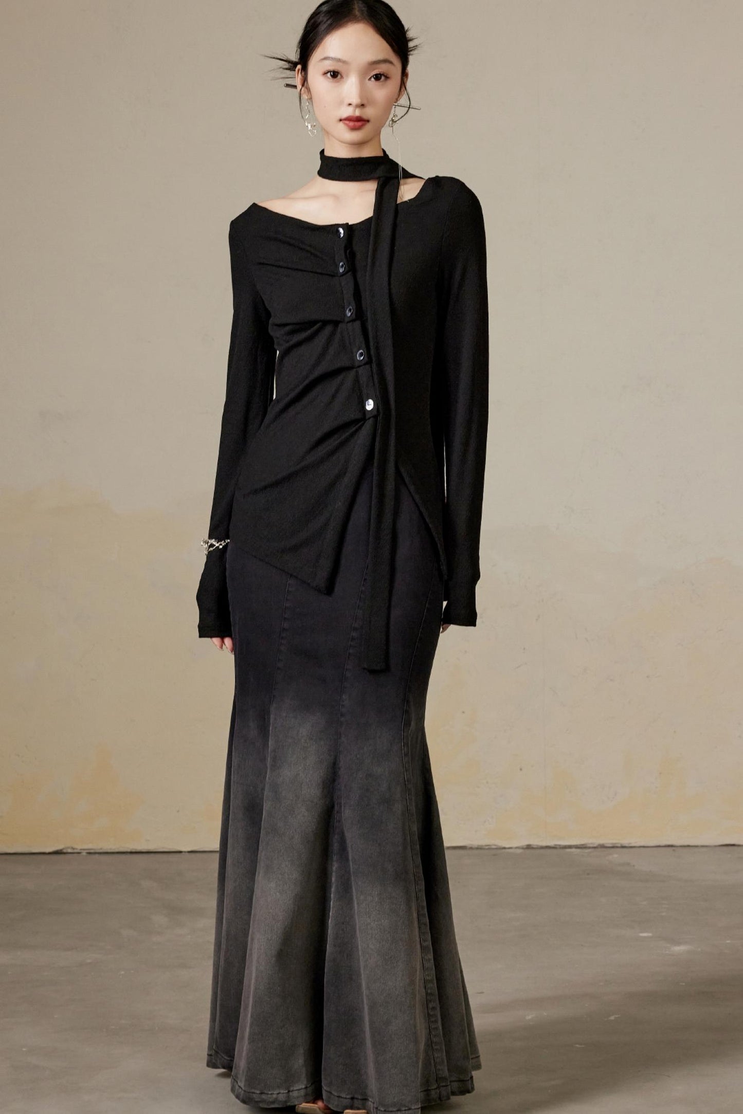 Schwingender Hals Langarm Strickoberteil 