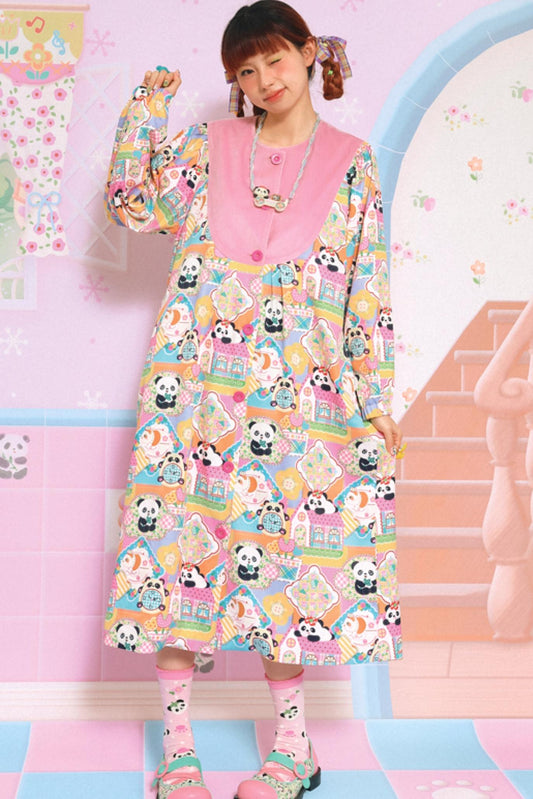 Samt-Patchwork-Panda-Mantelkleid 